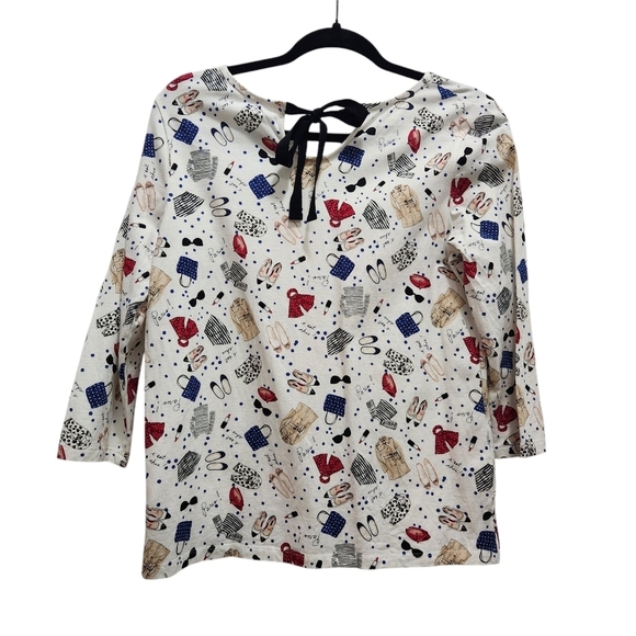 Talbots Paris Novelty Print Scarves Beret 3/4 Sleeve Top Bow Back Detail Size SP - Picture 3 of 3